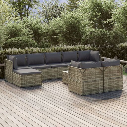 vidaXL 10-tlg. Garten-Lounge-Set mit Kissen Grau Poly Rattan