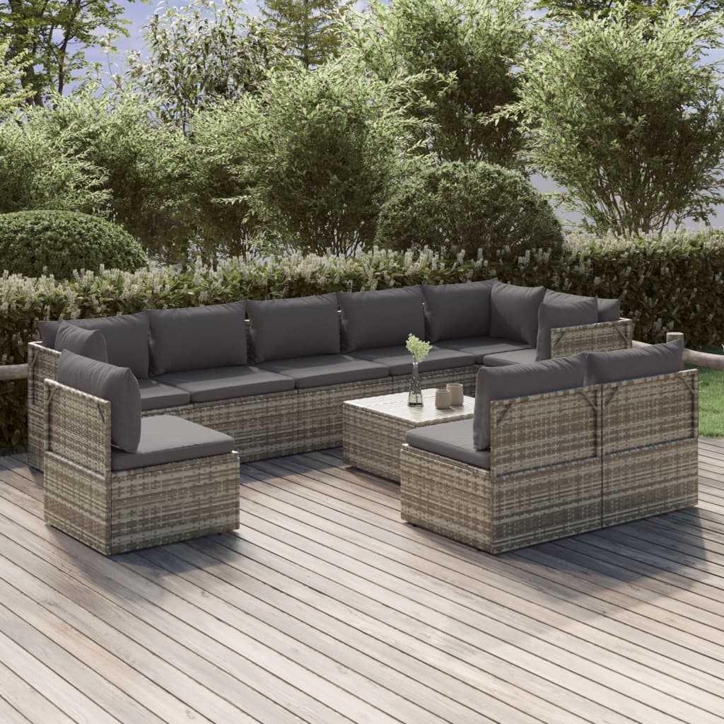 vidaXL 10-tlg. Garten-Lounge-Set mit Kissen Grau Poly Rattan