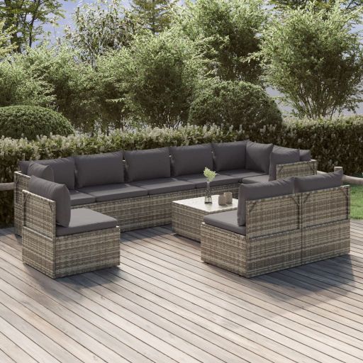 vidaXL 10-tlg. Garten-Lounge-Set mit Kissen Grau Poly Rattan
