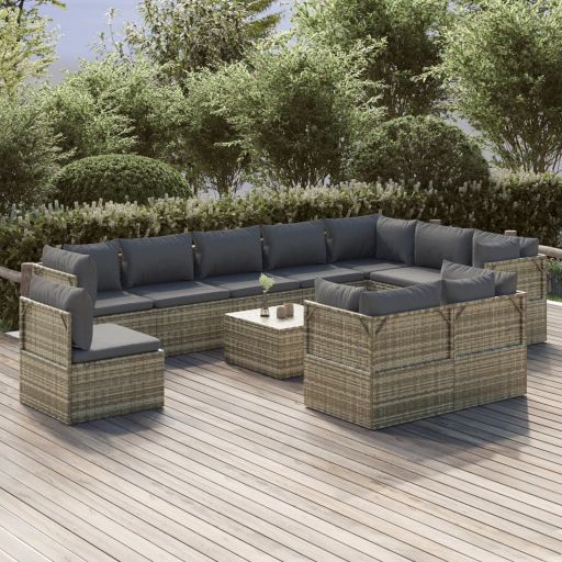 vidaXL 10-tlg. Garten-Lounge-Set mit Kissen Grau Poly Rattan