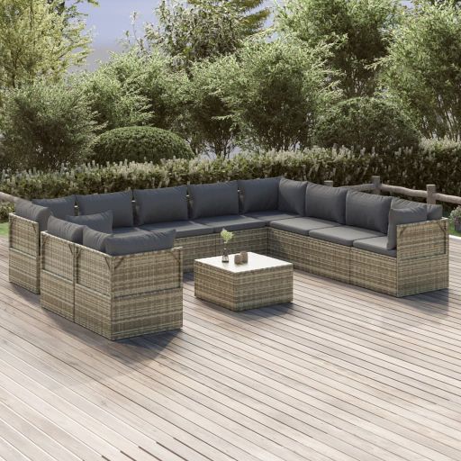 vidaXL 10-tlg. Garten-Lounge-Set mit Kissen Grau Poly Rattan