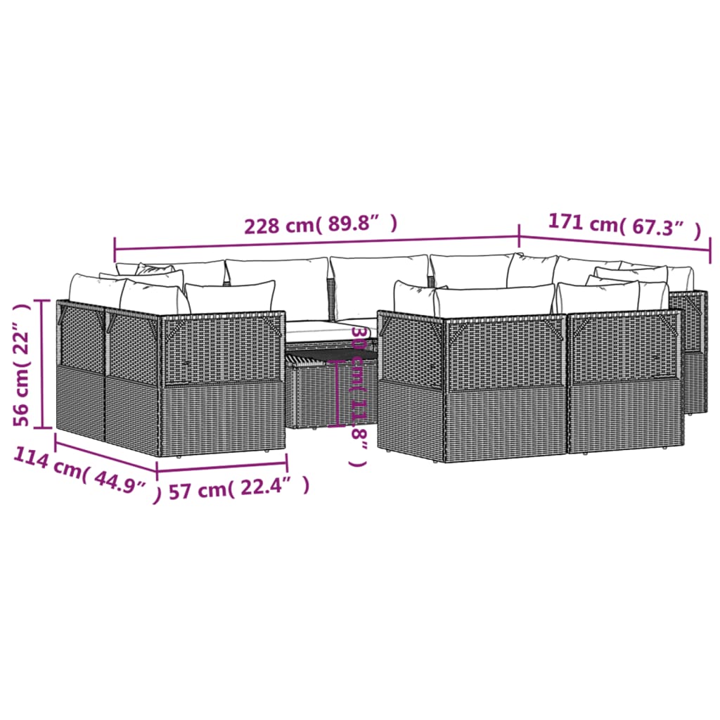 vidaXL 12-tlg. Garten-Lounge-Set mit Kissen Grau Poly Rattan