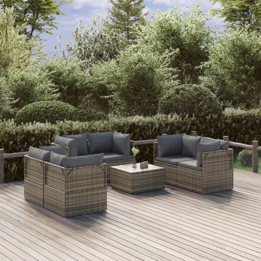 vidaXL 7-tlg. Garten-Lounge-Set mit Kissen Grau Poly Rattan