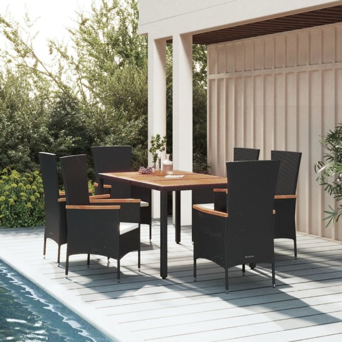 vidaXL 3-tlg. Garten-Essgruppe mit Kissen Schwarz Poly Rattan