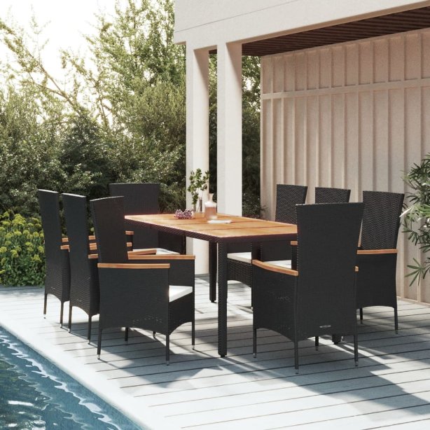 vidaXL 3-tlg. Garten-Essgruppe mit Kissen Schwarz Poly Rattan