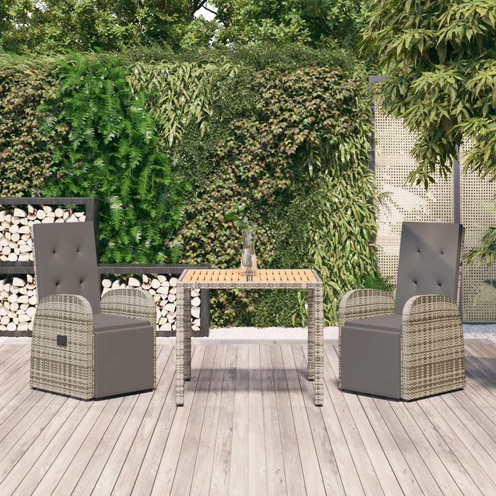 vidaXL 3-tlg. Garten-Essgruppe mit Kissen Grau Poly Rattan
