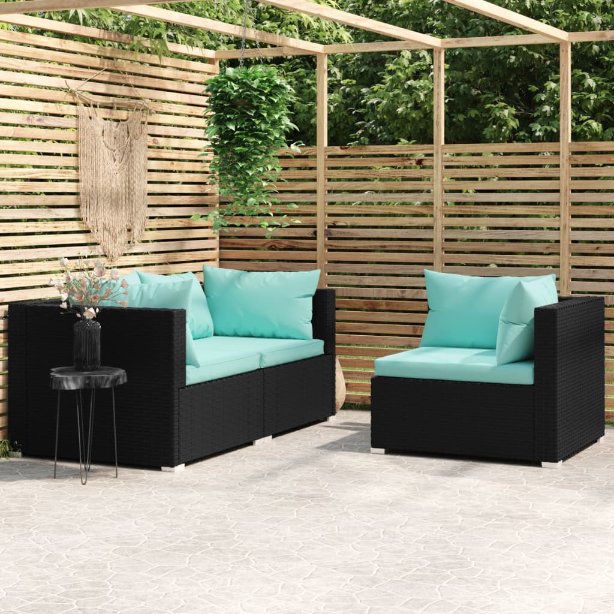 vidaXL 3-tlg. Garten-Lounge-Set mit Auflagen Schwarz Poly Rattan