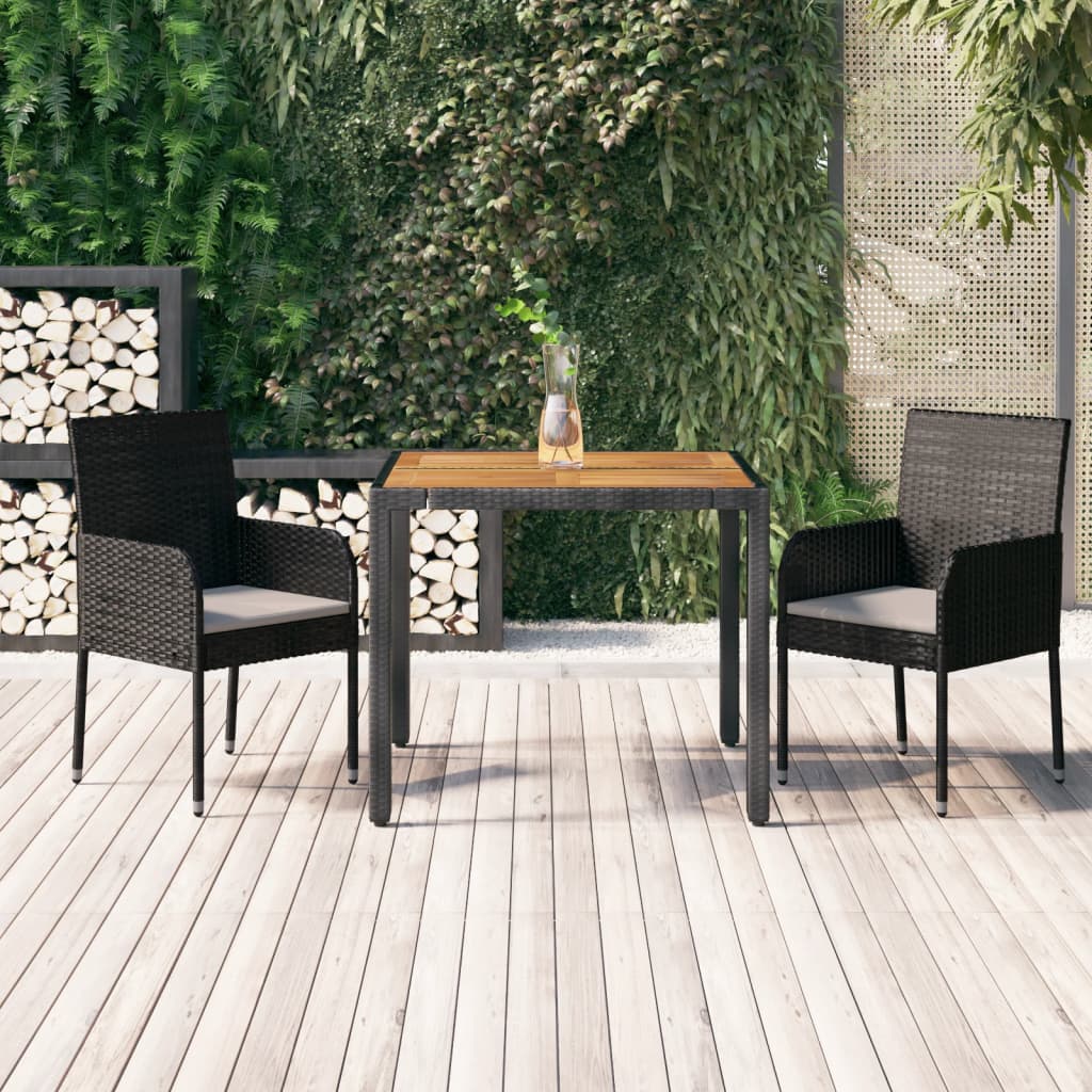 vidaXL 3-tlg. Garten-Essgruppe mit Kissen Schwarz Poly Rattan