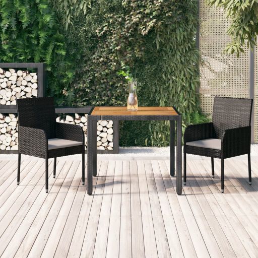 vidaXL 3-tlg. Garten-Essgruppe mit Kissen Schwarz Poly Rattan