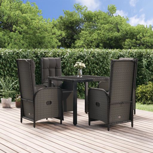vidaXL 3-tlg. Garten-Essgruppe mit Kissen Schwarz Poly Rattan