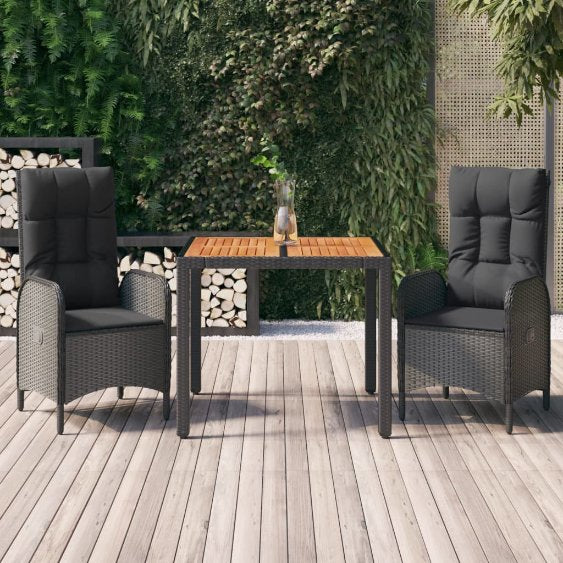 vidaXL 3-tlg. Garten-Essgruppe mit Kissen Schwarz Poly Rattan