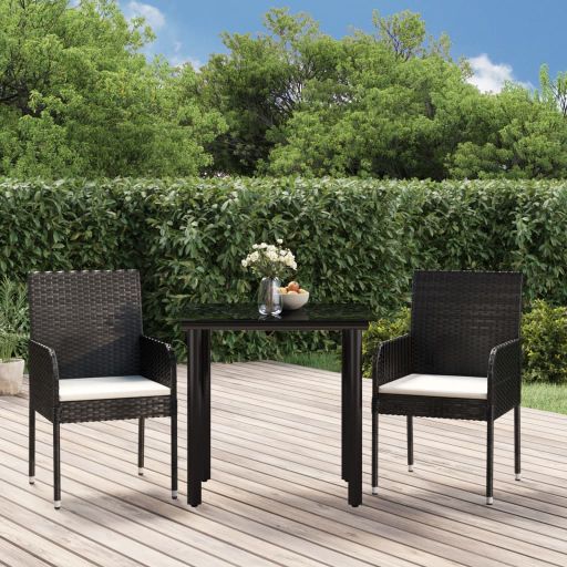 vidaXL 3-tlg. Garten-Essgruppe mit Kissen Schwarz Poly Rattan