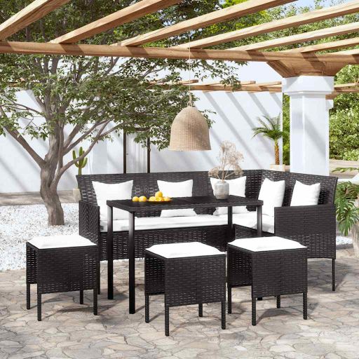 vidaXL 5-tlg. Sofagarnitur in L-Form mit Kissen Poly Rattan Braun