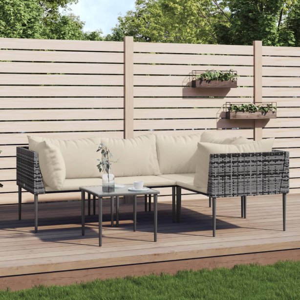 vidaXL 5-tlg. Garten-Lounge-Set mit Kissen Grau Poly Rattan
