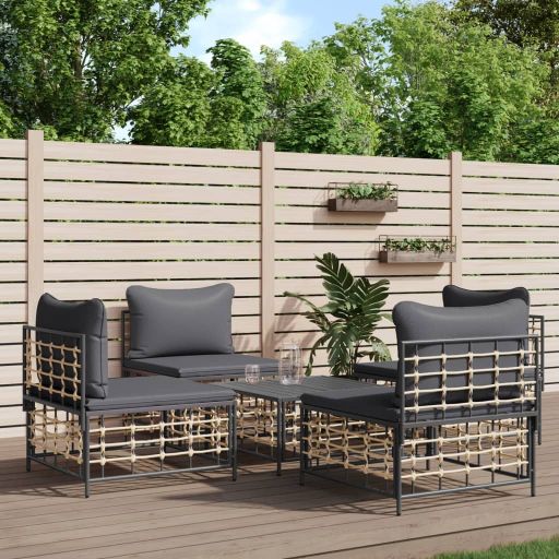 vidaXL 5-tlg. Garten-Lounge-Set mit Kissen Anthrazit Poly Rattan