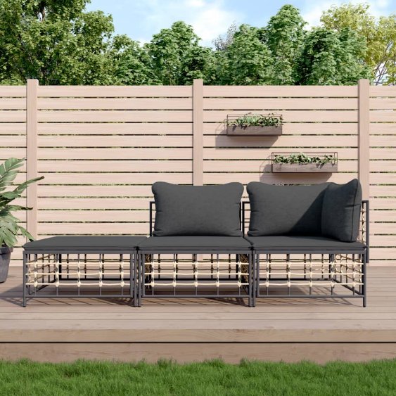 vidaXL 3-tlg. Garten-Lounge-Set mit Kissen Anthrazit Poly Rattan