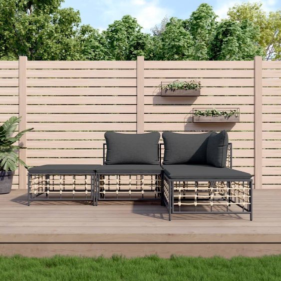 vidaXL 3-tlg. Garten-Lounge-Set mit Kissen Anthrazit Poly Rattan