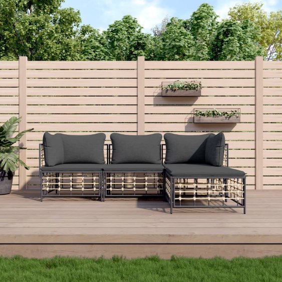 vidaXL 3-tlg. Garten-Lounge-Set mit Kissen Anthrazit Poly Rattan