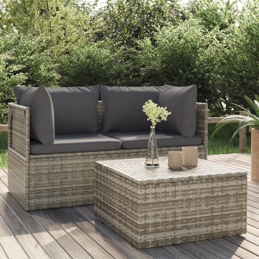 vidaXL Gartenhocker mit Kissen Grau 55x55x30 cm Poly Rattan
