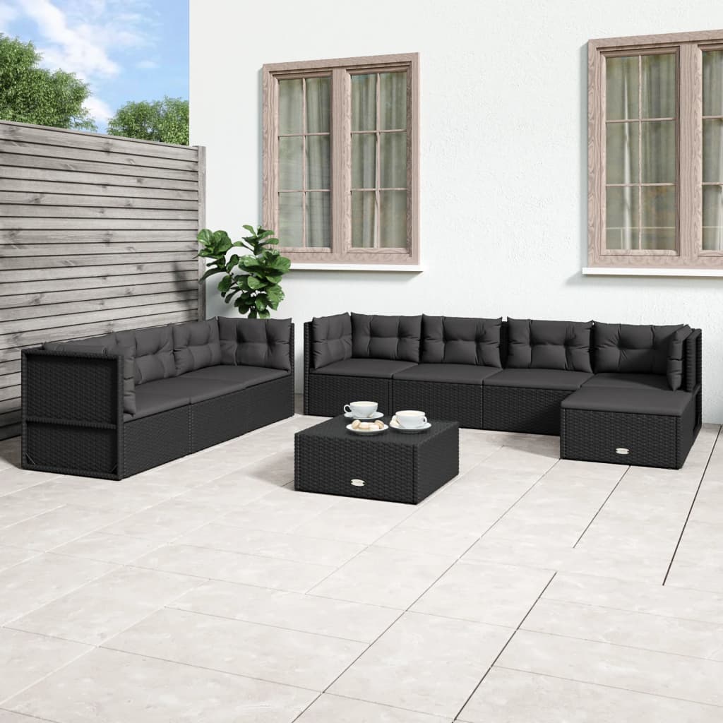 vidaXL 8-tlg. Garten-Lounge-Set mit Kissen Schwarz Poly Rattan