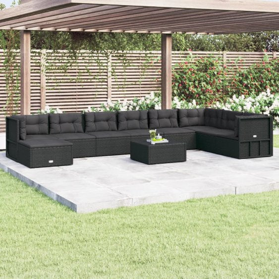 vidaXL 9-tlg. Garten-Lounge-Set mit Kissen Schwarz Poly Rattan