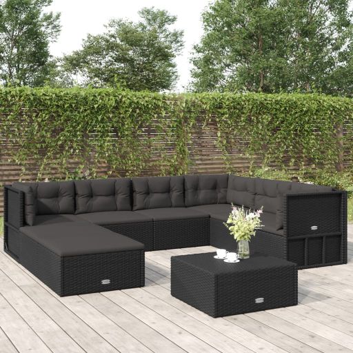 vidaXL 8-tlg. Garten-Lounge-Set mit Kissen Schwarz Poly Rattan