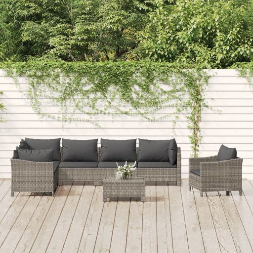 vidaXL 7-tlg. Garten-Lounge-Set mit Kissen Grau Poly Rattan