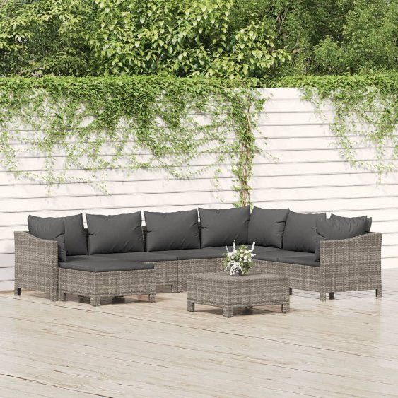 vidaXL 7-tlg. Garten-Lounge-Set mit Kissen Grau Poly Rattan