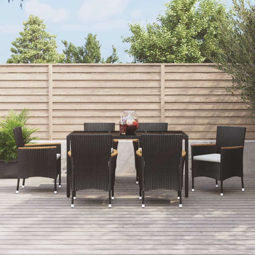 vidaXL 7-tlg. Garten-Essgruppe mit Kissen Schwarz Poly Rattan