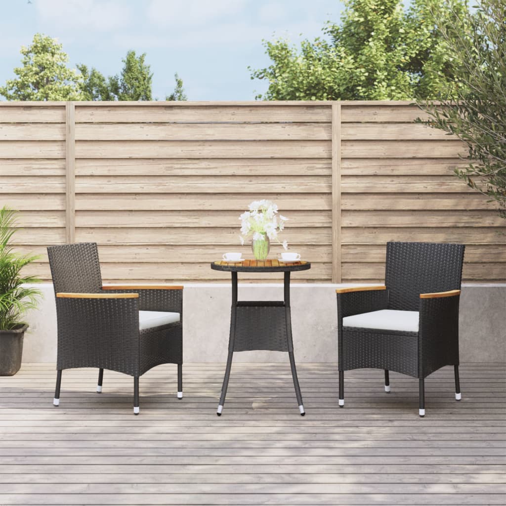vidaXL 3-tlg. Garten-Bistro-Set mit Kissen Schwarz Poly Rattan