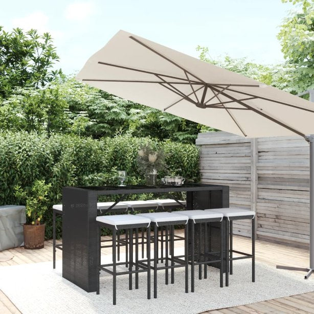 vidaXL 5-tlg. Gartenbar-Set mit Kissen Schwarz Poly Rattan