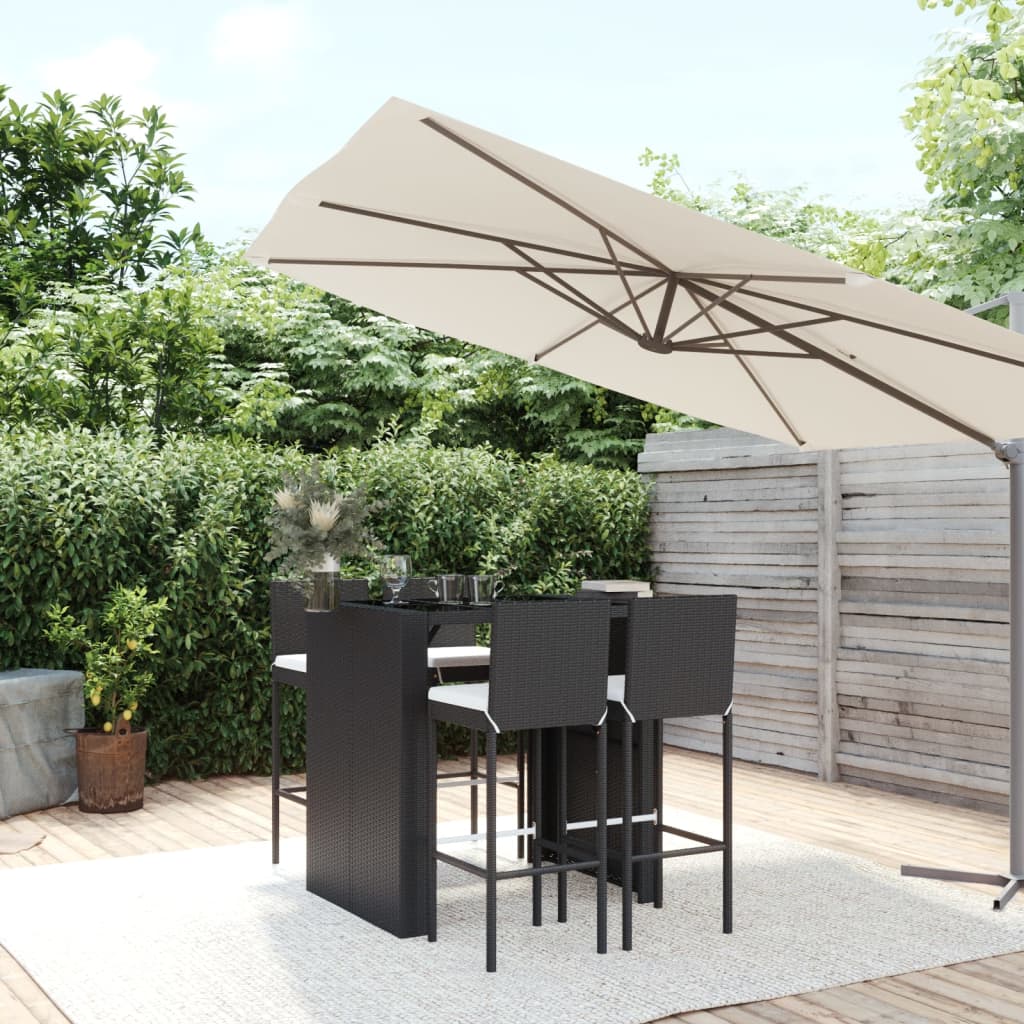 vidaXL 5-tlg. Gartenbar-Set mit Kissen Schwarz Poly Rattan
