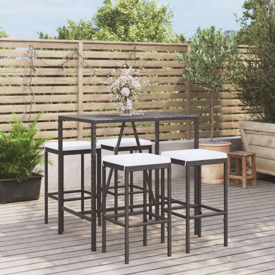 vidaXL 3-tlg. Gartenbar-Set mit Kissen Schwarz Poly Rattan