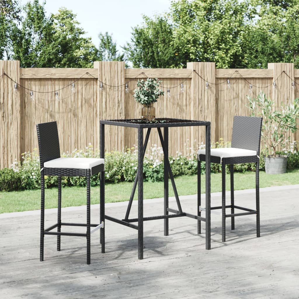 vidaXL 3-tlg. Gartenbar-Set mit Kissen Schwarz Poly Rattan