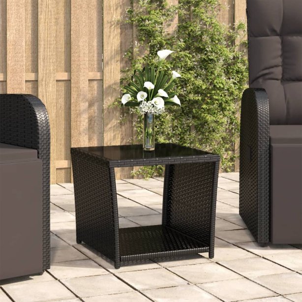 vidaXL Beistelltisch mit Holzplatte Schwarz Poly Rattan & Akazienholz