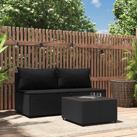 vidaXL Garten-Mittelsofa mit Kissen Schwarz Poly Rattan