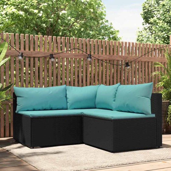 vidaXL Garten-Ecksofa mit Kissen Schwarz Poly Rattan