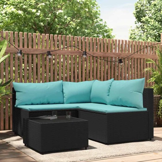 vidaXL Garten-Ecksofa mit Kissen Schwarz Poly Rattan