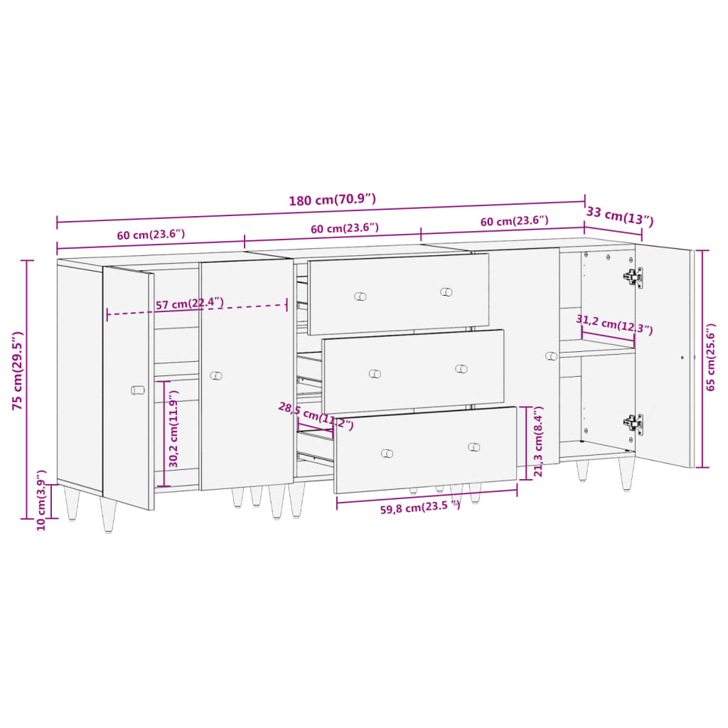 vidaXL Beistellschränke 3 Stk. 60x33x75 cm Massivholz Mango
