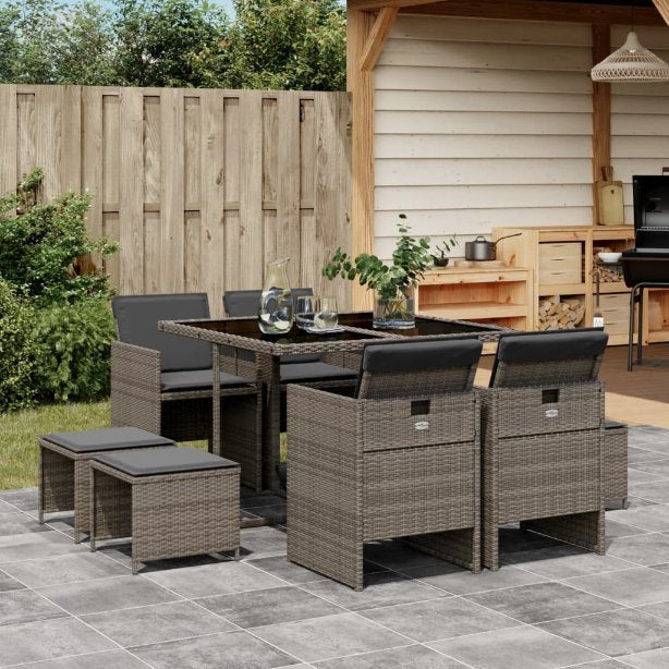 vidaXL 9-tlg. Garten-Essgruppe mit Kissen Schwarz Poly Rattan