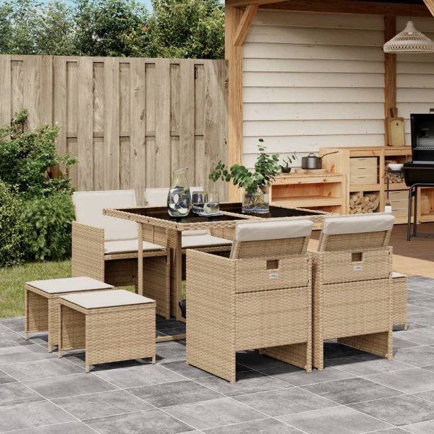 vidaXL 9-tlg. Garten-Essgruppe mit Kissen Schwarz Poly Rattan