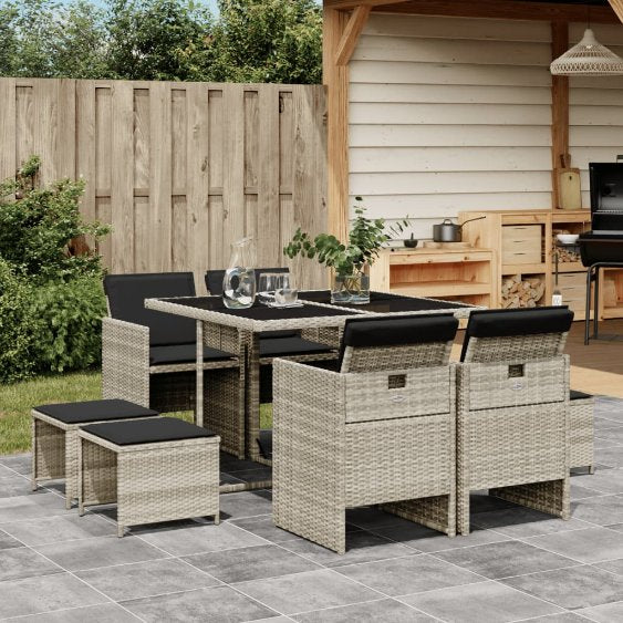 vidaXL 9-tlg. Garten-Essgruppe mit Kissen Schwarz Poly Rattan