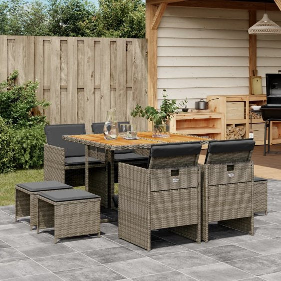 vidaXL 9-tlg. Garten-Essgruppe mit Kissen Schwarz Poly Rattan