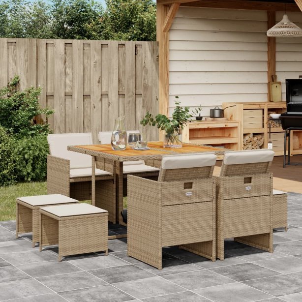 vidaXL 9-tlg. Garten-Essgruppe mit Kissen Schwarz Poly Rattan