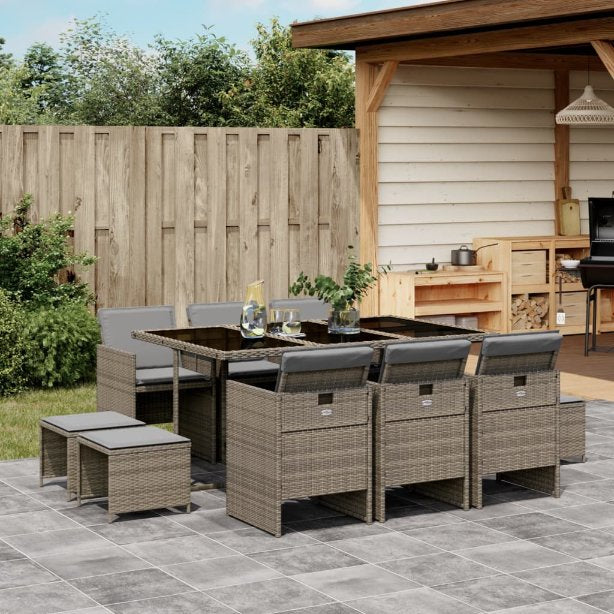 vidaXL 9-tlg. Garten-Essgruppe mit Kissen Schwarz Poly Rattan