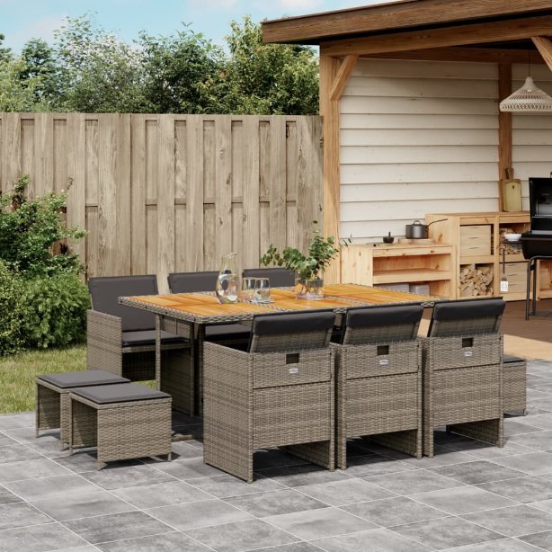 vidaXL 9-tlg. Garten-Essgruppe mit Kissen Schwarz Poly Rattan