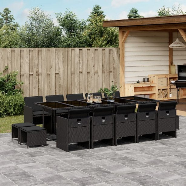vidaXL 9-tlg. Garten-Essgruppe mit Kissen Schwarz Poly Rattan