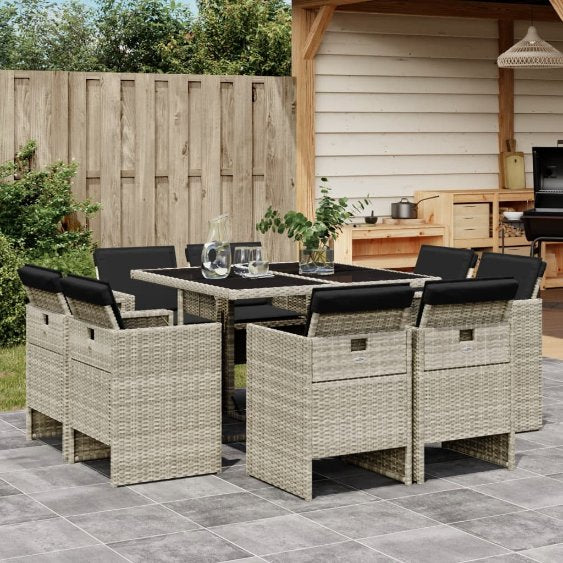 vidaXL 9-tlg. Garten-Essgruppe mit Kissen Schwarz Poly Rattan
