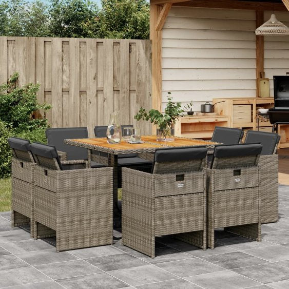 vidaXL 9-tlg. Garten-Essgruppe mit Kissen Schwarz Poly Rattan