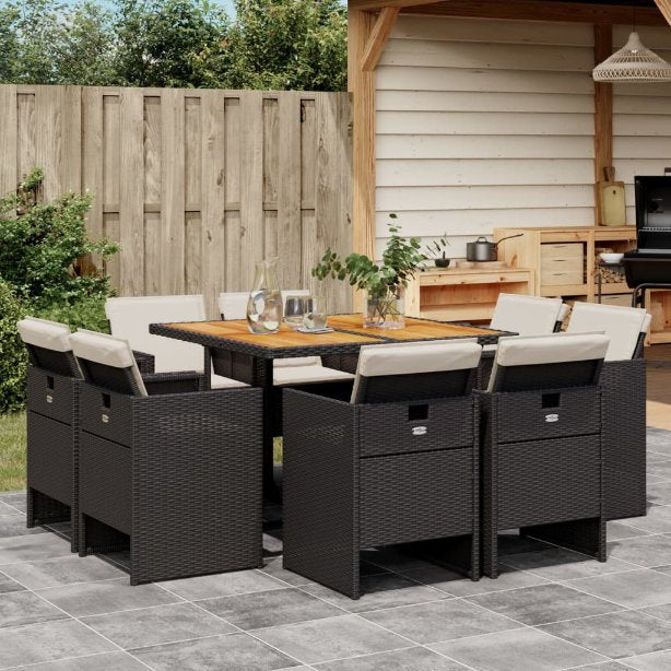 vidaXL 9-tlg. Garten-Essgruppe mit Kissen Schwarz Poly Rattan